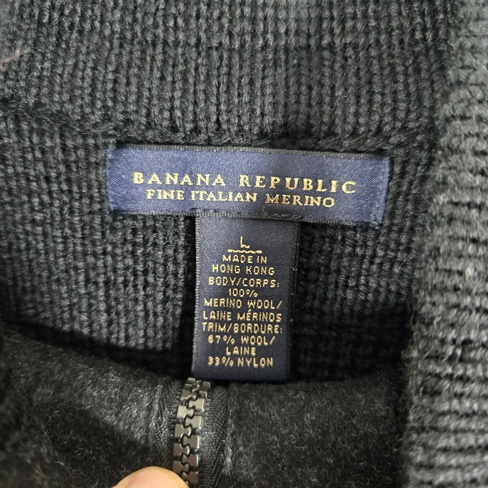 Banana Republic Mens Large Black Italian Merino Wool Full Zip Sweater Old Money